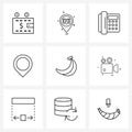 9 Interface Line Icon Set of modern symbols on camera, health, phone, food, map