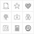 9 Interface Line Icon Set of modern symbols on chest, x c ray, flag, light, electric bulb