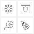 4 Interface Line Icon Set of modern symbols on dollar, movie roll, browser, shield, sale