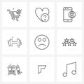 9 Interface Line Icon Set of modern symbols on emoji, sports, locked smart phone, exercise, dumbly