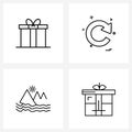 4 Interface Line Icon Set of modern symbols on gift; mountain; Christmas; reset; gift