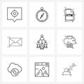 9 Interface Line Icon Set of modern symbols on hierarchy, envelope, file type, email, delivered letter