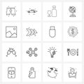 16 Interface Line Icon Set of modern symbols on image, school, transport, globe, India