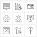 9 Interface Line Icon Set of modern symbols on lock, multimedia, gps, button, picture