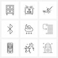 9 Interface Line Icon Set of modern symbols on night, forecast, games, wireless, bluetooth