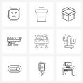 9 Interface Line Icon Set of modern symbols on scary, gun, remove, parcel, open
