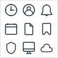 interface line icons. linear set. quality vector line set such as cloud, desktop computer, shield, bookmark, file, calendar, bell