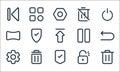 Interface line icons. linear set. quality vector line set such as trash, security, settings, unlock, trash, wide, pause, trash,