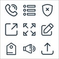 interface line icons. linear set. quality vector line set such as upload, sound, tag, edit, resize, resizing, cross shield, add