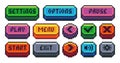 Interface menu pixel buttons. Retro video game UI navigation panel, 8 bit sprite game app icons play pause menu settings