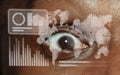 Interface modern technology and digital layer effect in front of close up human eye full of sadness as business, finance