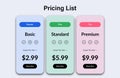 Interface for the site. UI UX vector banner for web app. Pricing Table Template with Three Plan Type. Pricing table, banner, Royalty Free Stock Photo