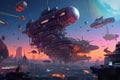 intergalactic chase scene, with spaceships of different shapes and sizes flying through the city