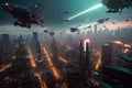 intergalactic chase scene, with spaceships of different shapes and sizes flying through the city