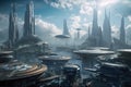 intergalactic city, with view of spaceship landing pad and alien creatures