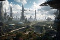 intergalactic city, with view of spaceship landing pad and alien creatures