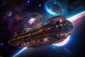 intergalactic cruiser with view of swirling galaxy, planets and stars in the background Royalty Free Stock Photo