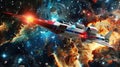 16 Intergalactic 3D cartoon spaceship navigating through an exploding galaxy