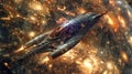 16 Intergalactic 3D cartoon spaceship navigating through an exploding galaxy
