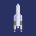 Intergalactic rocket launch. Rocketship flying in outer space. Cosmos flight of galactic shuttle or spaceship. Colored