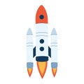 Intergalactic rocket launch. Rocketship flying in outer space. Cosmos flight of galactic shuttle or