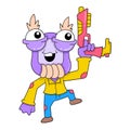 Intergalactic security guard monster brings gunfire, doodle icon image kawaii