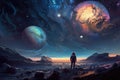 intergalactic traveler, exploring endless starry expanse, with distant planets visible in the background