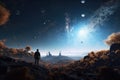 intergalactic traveler, exploring endless starry expanse, with distant planets visible in the background
