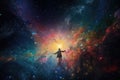 intergalactic traveler floating among colorful nebula, surrounded by starfields Royalty Free Stock Photo