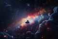 intergalactic traveler floating among colorful nebula, surrounded by starfields Royalty Free Stock Photo