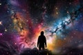 intergalactic traveler floating among colorful nebula, surrounded by starfields Royalty Free Stock Photo