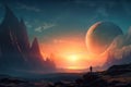 intergalactic traveler marvels at the stunning beauty of a distant planet