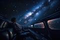 intergalactic traveler stargazing from the deck of their spaceship, surrounded by stars and galaxies