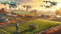 Intergartion of drones on a farm photo realistic illustration - Generative AI.