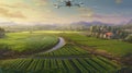 Intergartion of drones on a farm photo realistic illustration - Generative AI.