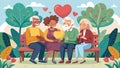 Intergenerational Affection: Two Couples Sharing Love on Park Bench