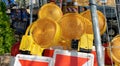 Interim storage for beacons with yellow lights for closing off a construction site Royalty Free Stock Photo
