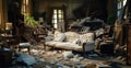 Interior of an abandoned apartment room. War destructions