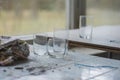 The interior of an abandoned building full of garbage, furniture and glass left by users. Urbex Royalty Free Stock Photo