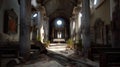 Interior of catholic church, obsolete and ruined, AI generative