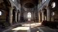 Interior of catholic church, obsolete and ruined, AI generative