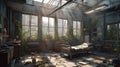 Interior of abandoned hospital. Generative AI