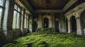 Interior of Abandoned luxury mansion completely covered with moss