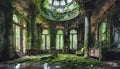 Interior of Abandoned luxury mansion completely covered with moss