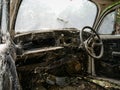 Interior of abandoned old car with spider web Royalty Free Stock Photo