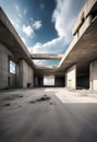 abandoned ruined concrete industrial brutalist building in desert landscape