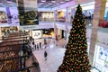 Interior of AFI Cotroceni Shopping Mall, Bucharest during holiday season. Big Christmas tree seen from above