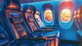 The interior of an aircraft with rows of empty seats near a window, Ai Generated