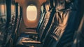 The interior of an aircraft with rows of empty seats near a window, Ai Generated