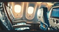 The interior of an aircraft with rows of empty seats near a window, Ai Generated